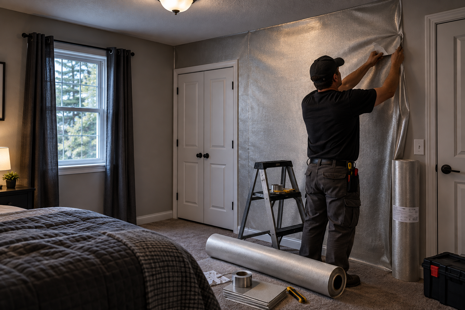 Faraday fabric lining a bedroom wall to block directed energy weapons and V2K