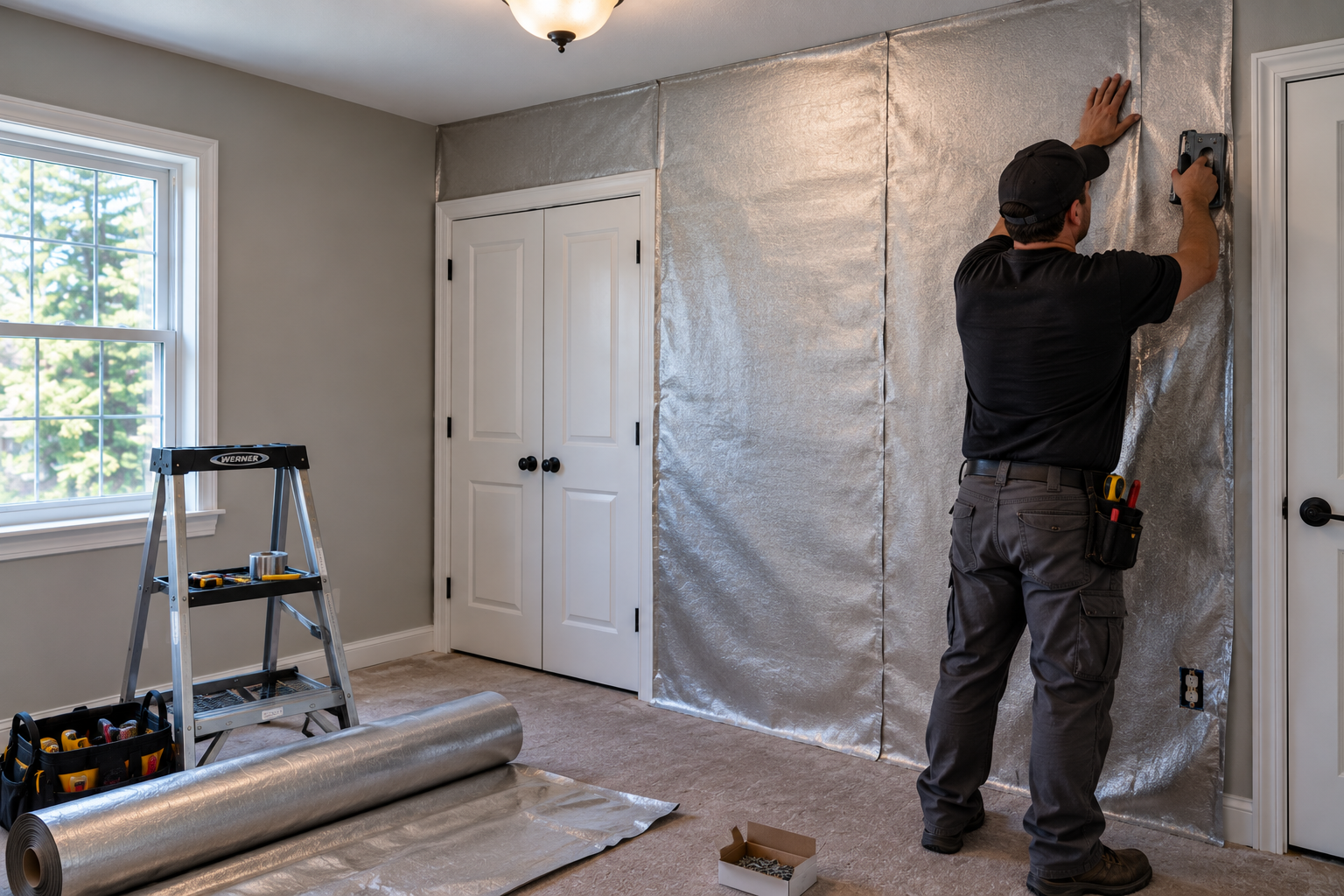 Applying the first layer of Faraday fabric to a bedroom wall in overlapping strips