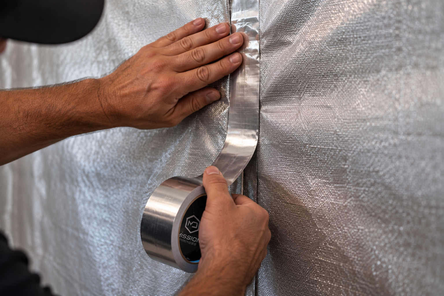 Sealing a seam between two Faraday fabric panels with conductive tape