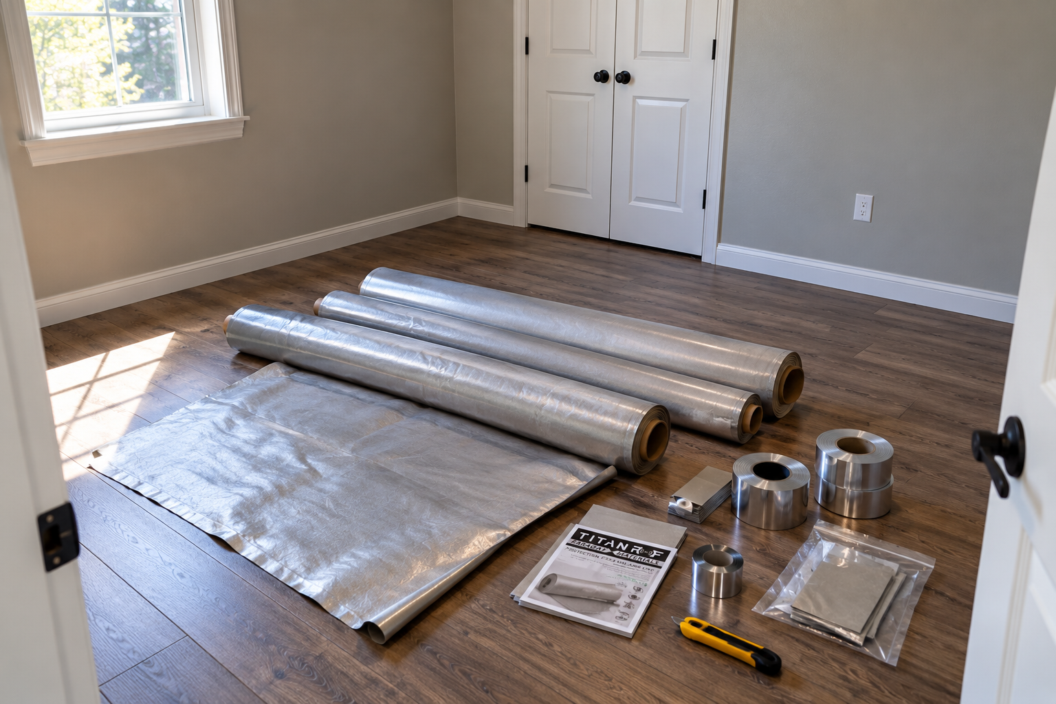 Rolls of conductive Faraday fabric and conductive tape for a Faraday room build