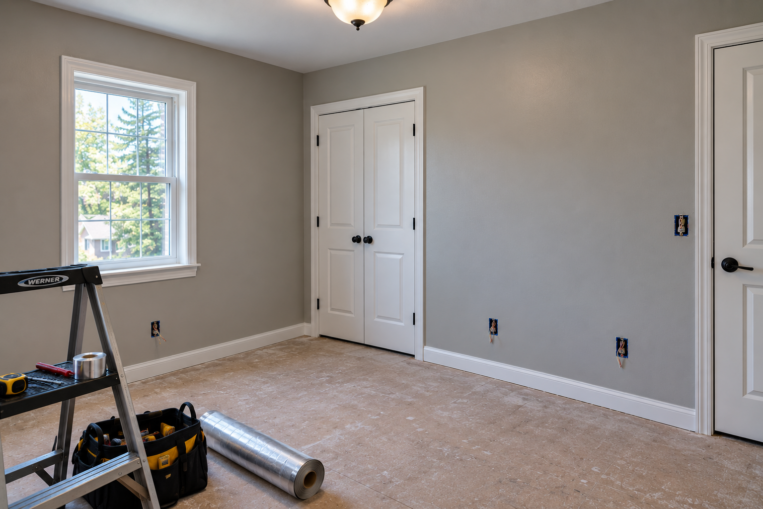 Bare bedroom walls prepped with outlet covers removed before Faraday fabric installation