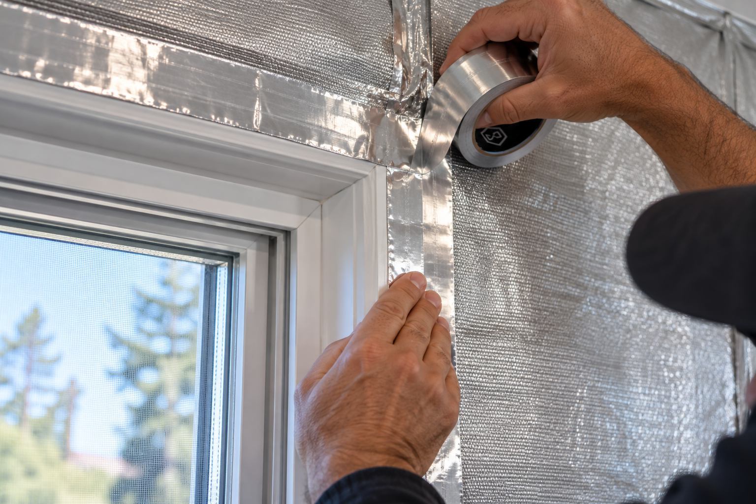 Sealing the full perimeter of a window frame with conductive tape